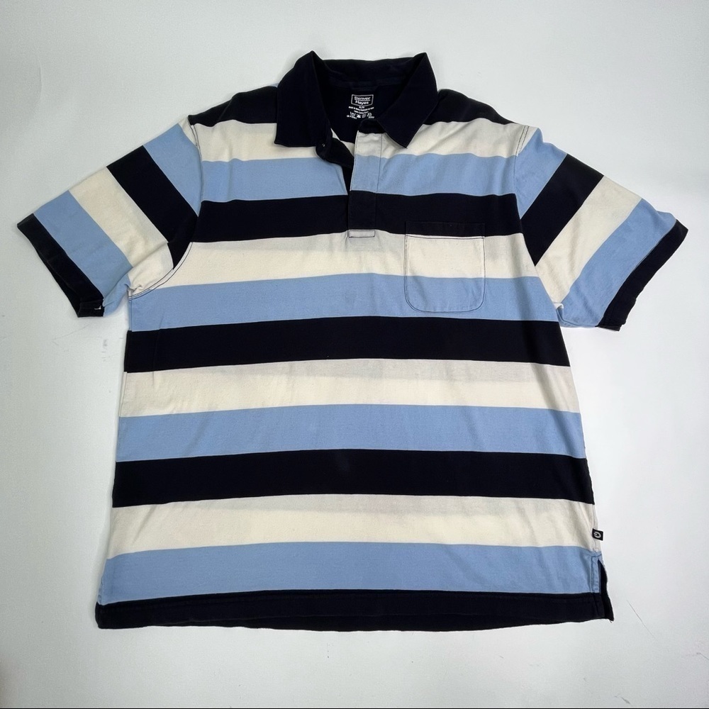 DENVER Hayes Navy Blue & Cream Wide Striped Pocket Collar Soft Short Sleeve Polo